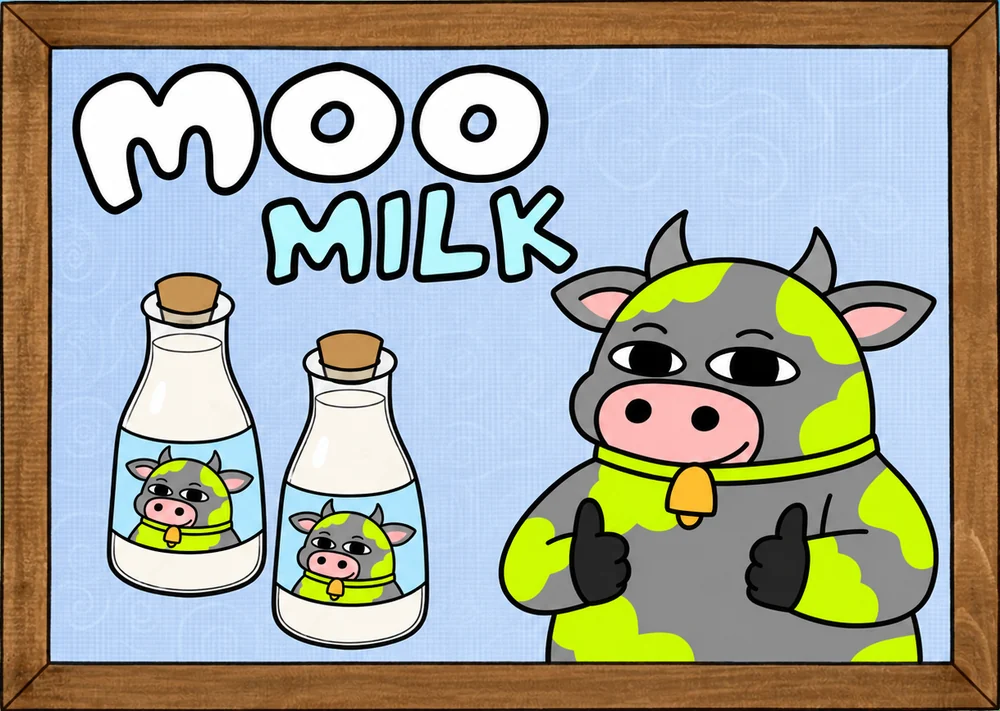 A framed Moo Milk sign: two milk bottles with the $MOO cow on the label, and the cow giving two thumbs up.