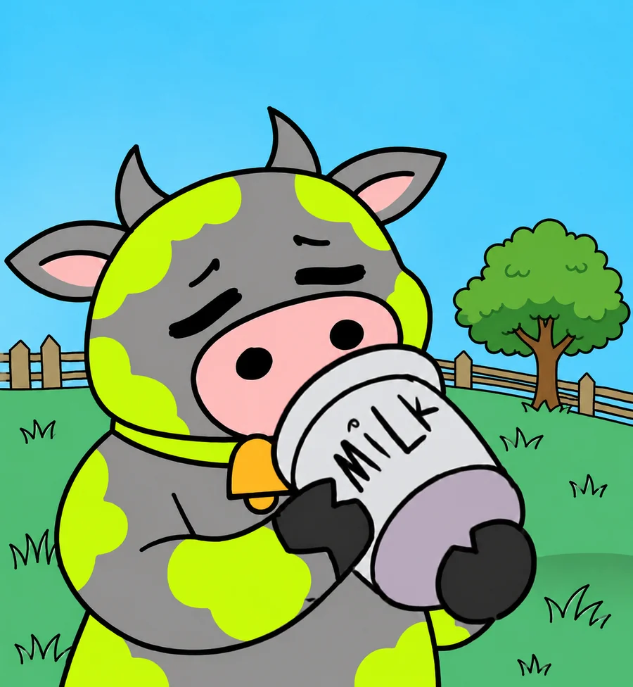 The $MOO cow drinking from a milk bottle in a sunny pasture.