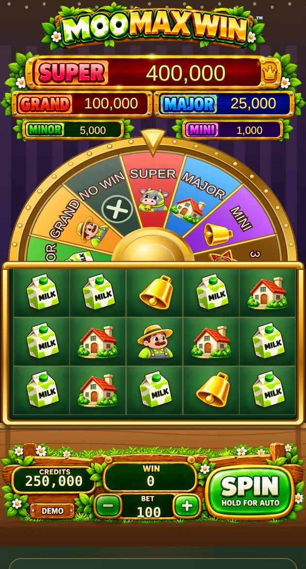 Moo Max Win: the jackpot wheel, the farm reels and the Spin button